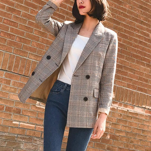 Vintage Double Breasted Plaid Women Blazer Pockets Jackets