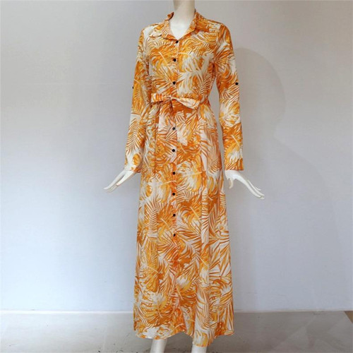 Boho Floral Printed Tie Waist Chiffon Long Sleeve Maxi Dress