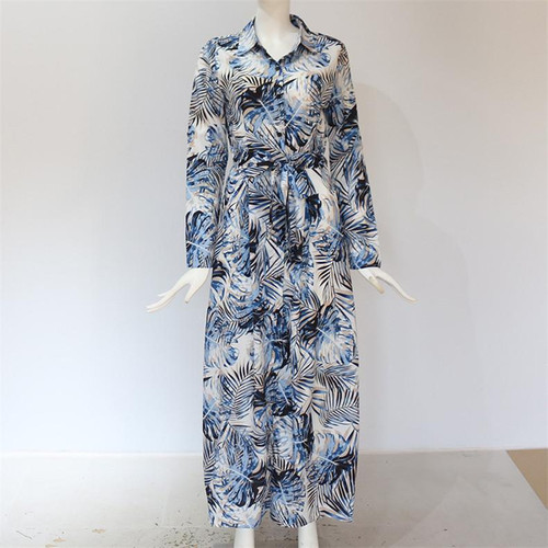 Boho Floral Printed Tie Waist Chiffon Long Sleeve Maxi Dress