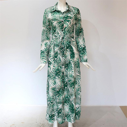 Boho Floral Printed Tie Waist Chiffon Long Sleeve Maxi Dress