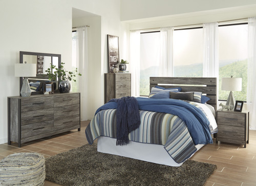 Cazeneril Contemporary Black/Gray Bedroom Set: Queen Panel Headboard, Dresser, Mirror, Nightstand, Chest