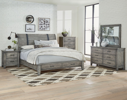 Benjamin Reclaimed Rustic Grey Finish King Sleigh Storage Bed, Dresser, Mirror, 2 Nightstands, Chest