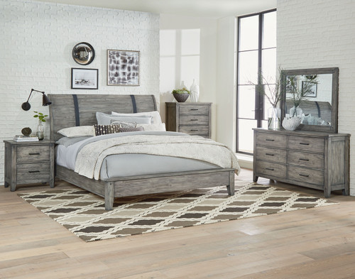 Benjamin Reclaimed Rustic Grey Finish King Sleigh Bed, Dresser, Mirror, 2 Nightstands, Chest