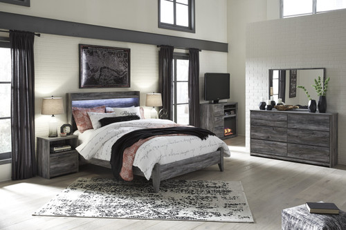 Bayside Casual Gray Bedroom Set: Queen Bed, Dresser, Mirror, 2 Nightstands, Fireplace TV Chest
