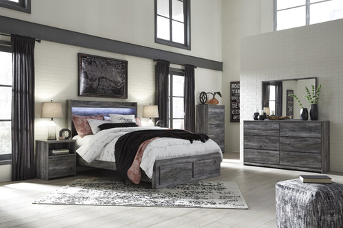 Bayside Casual Gray Bedroom Set: Queen 2 Drawers Storage Bed, Dresser, Mirror, Nightstand, Chest