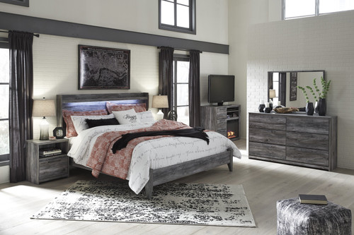 Bayside Casual Gray Bedroom Set: King Bed, Dresser, Mirror, Nightstand, Fireplace TV Chest