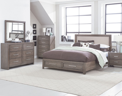 Anderson Neutral Grey Burnished Paint Finish Queen Storage Bed, Dresser, Mirror, Nightstand, Chest.