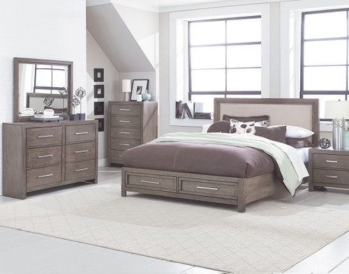 Anderson Neutral Grey Burnished Paint Finish King Storage Bed, Dresser, Mirror, Nightstand, Chest.
