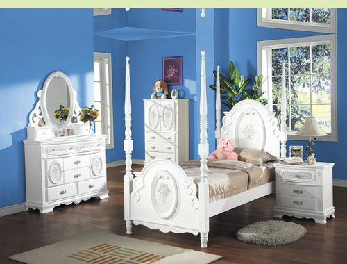 Acme Flora White Wood 4 Piece Twin Bedroom Set