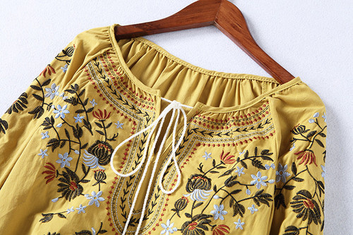 Boho Floral Embroidery Cotton Shirt Tops