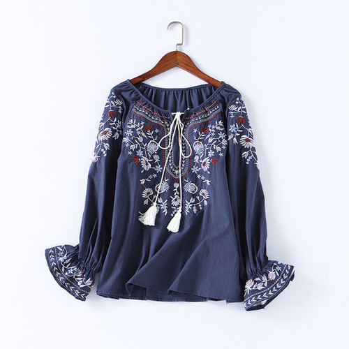 Boho Floral Embroidery Cotton Shirt Tops