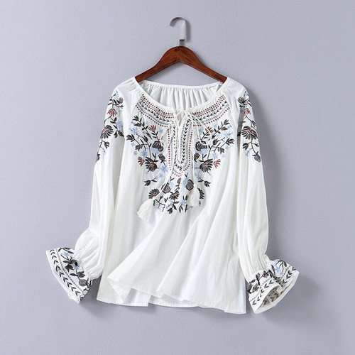 Boho Floral Embroidery Cotton Shirt Tops