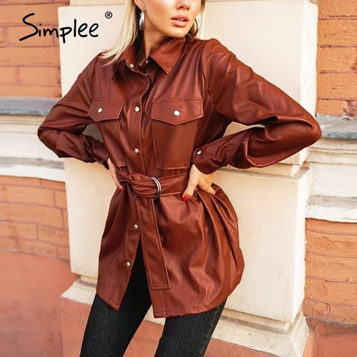 Simplee Vintage PU leather shirts women Causal Turn-down collar blouse shirt with belt Autumn winter chic pocket shirt tops 2020