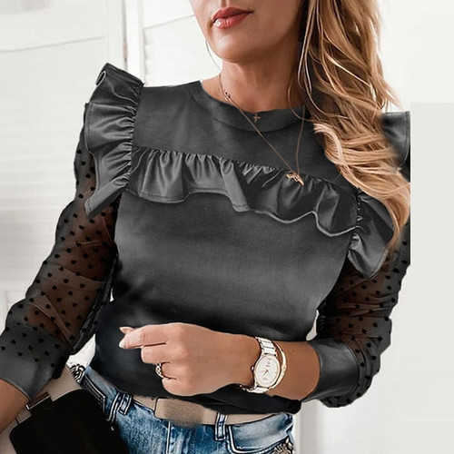 Women Elegant Long Sleeve Lace Ruffles Blouses Shirt 2020 Autumn Casual O-Neck Pullover Tops Office Lady Sexy Hollow Out Blusa