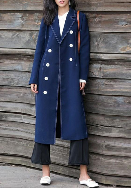 Navy Blue Pockets Double Breasted Slit Fashion Coat