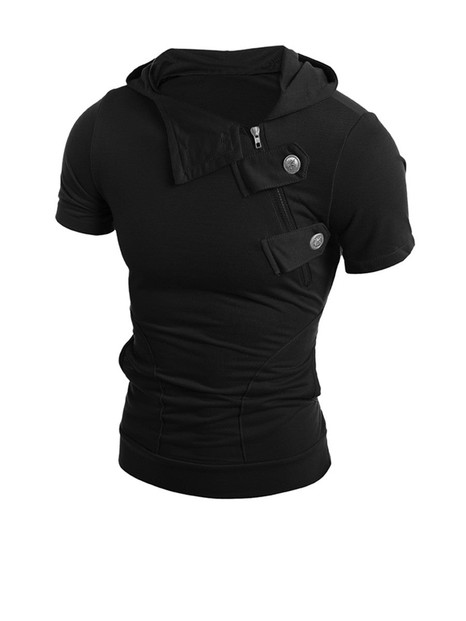 Casual Hooded Zips Decorative Button Pocket Plain T-Shirt