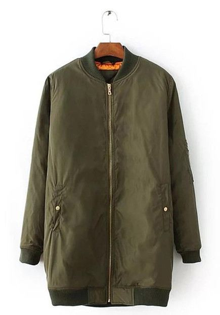 Army Green Pockets Zipper Long Sleeve Bomber Jacket Fashion Coat