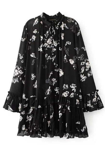 Casual Black Floral Ruffle V-neck Long Sleeve Mini Dress