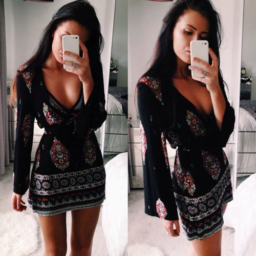 Casual Black Floral Print V-neck Long Sleeve Fashion Mini Dress