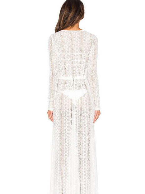 Sexy Hollow Lace Long Sleeve Maxi Beach Dress Cover-up