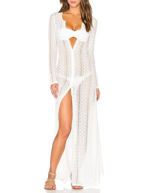 Sexy Hollow Lace Long Sleeve Maxi Beach Dress Cover-up