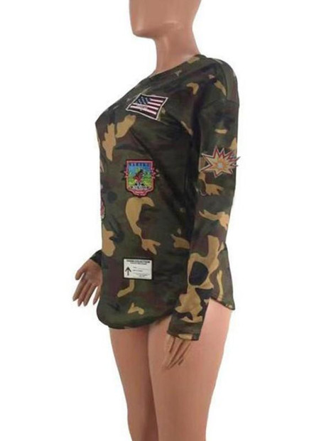 New Army Green Camouflage Cartoon Embroidery Long Sleeve Casual T-Shirt