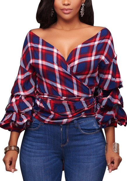 New Red-Blue Plaid Print Off Shoulder Backless Lace-Up Long Sleeve T-Shirt