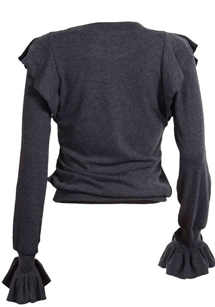 New Grey Plain Cascading Ruffle Round Neck Long Sleeve Casual T-Shirt