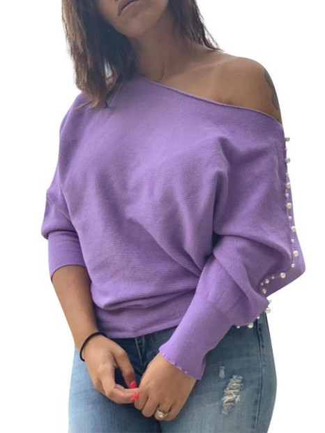 New Light Purple One Off Shoulder Pearl Long Sleeve Casual T-Shirt