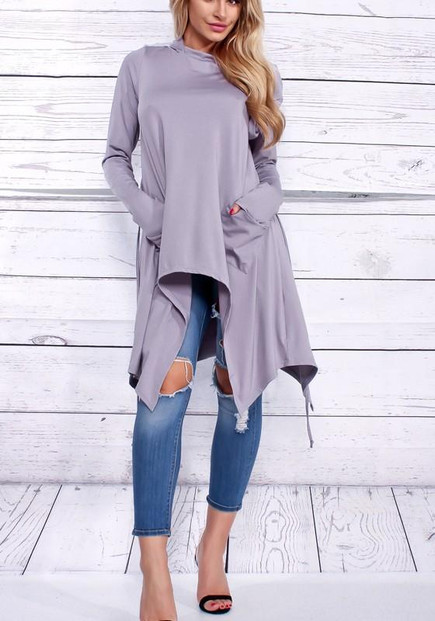 New Purple Pockets Irregular Hooded Long Sleeve Going out Fashion T-Shirt