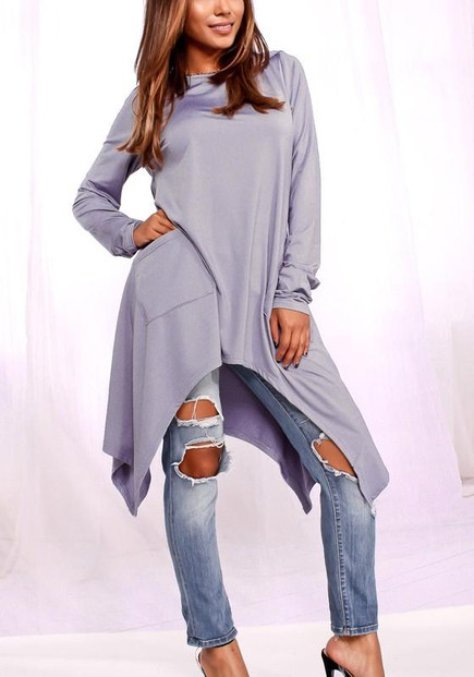 New Purple Pockets Irregular Hooded Long Sleeve Going out Fashion T-Shirt