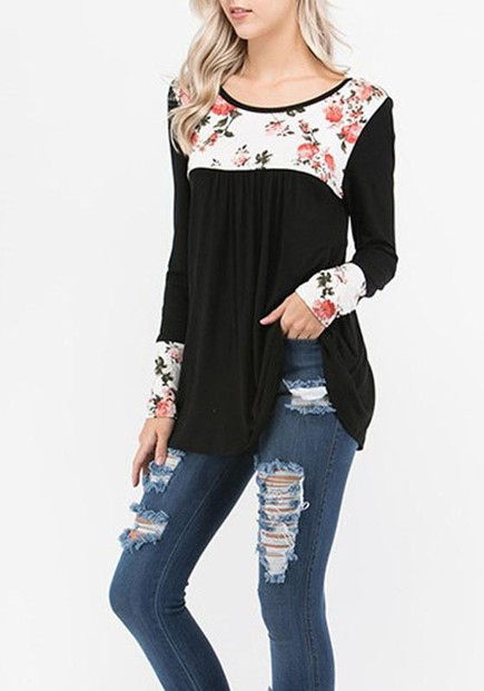 New Black Flowers Print Draped Round Neck Long Sleeve T-Shirt