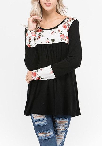 New Black Flowers Print Draped Round Neck Long Sleeve T-Shirt