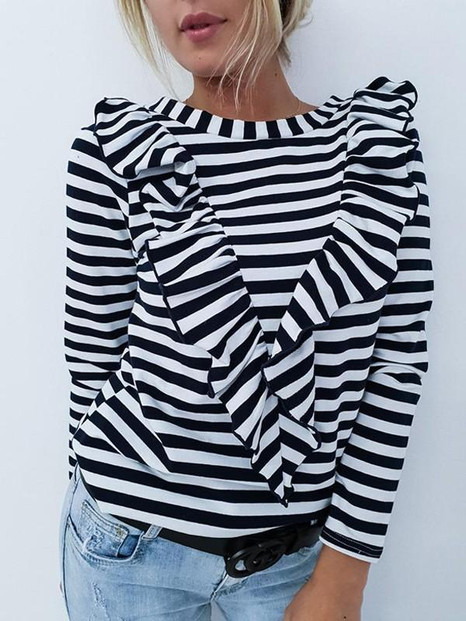 New Black Striped Print Ruffle Long Sleeve Fashion T-Shirt