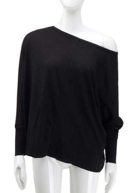 New Black Irregular Off Shoulder Round Neck Long Sleeve T-Shirt