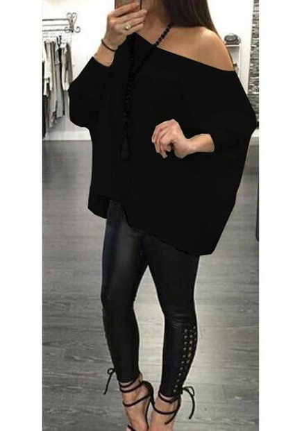 New Black Irregular Off Shoulder Round Neck Long Sleeve T-Shirt