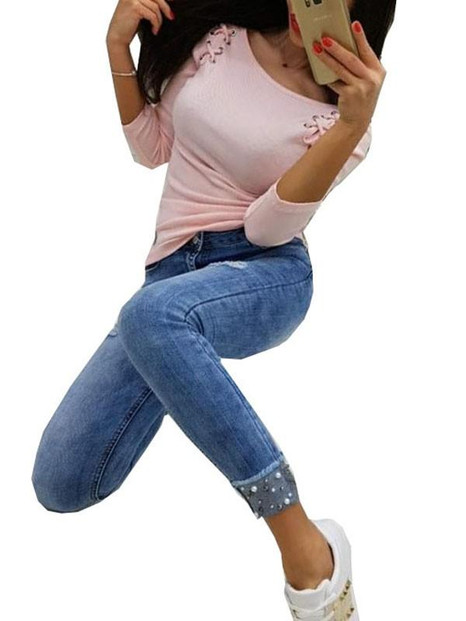 New Pink Lace-Up Drawstring Round Neck Long Sleeve Casual T-Shirt