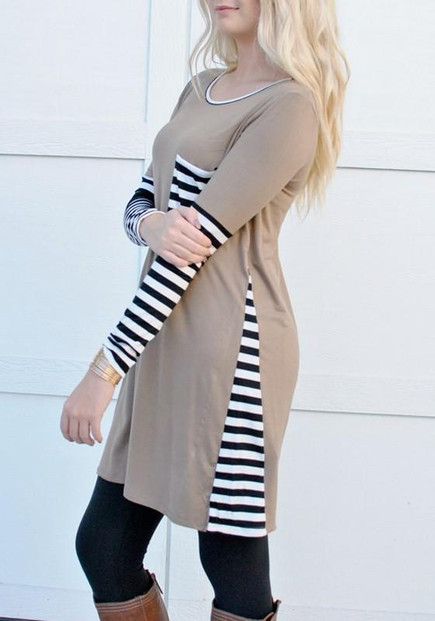 Khaki Patchwork Striped Pockets Round Neck Long Sleeve Fall T-Shirt Casual Mini Dress