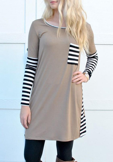 Khaki Patchwork Striped Pockets Round Neck Long Sleeve Fall T-Shirt Casual Mini Dress