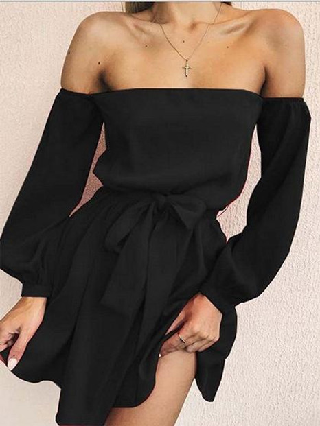 Black Off Shoulder Tie Waist Long Sleeve Mini Dress