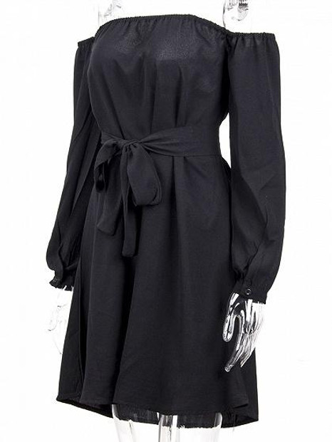 Black Off Shoulder Tie Waist Long Sleeve Mini Dress