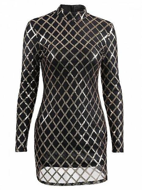 Black High Neck Sequin Detail Long Sleeve Bodycon Mini Dress