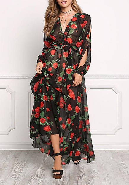 Black Floral Draped Sashes Deep V-neck Plus Size Long Sleeve Maxi Dress
