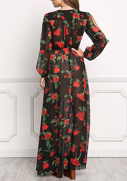 Black Floral Draped Sashes Deep V-neck Plus Size Long Sleeve Maxi Dress