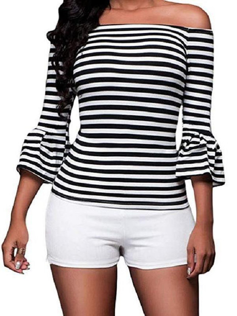 New Black-White Striped Print Irregular Off Shoulder Backless Bell Sleeve Casual Fashion T-Shirt