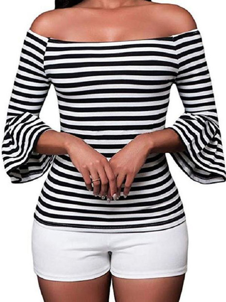 New Black-White Striped Print Irregular Off Shoulder Backless Bell Sleeve Casual Fashion T-Shirt