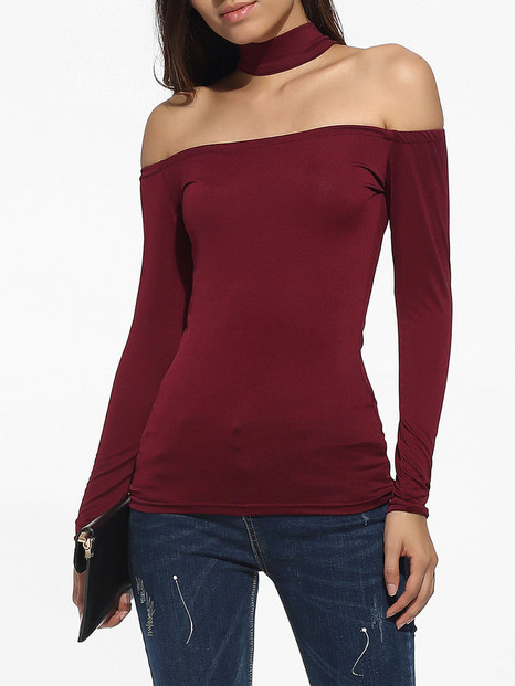 Halter Off Shoulder Dacron Plain Long-sleeve-t-shirt