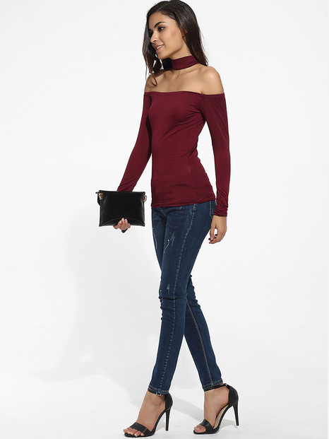 Halter Off Shoulder Dacron Plain Long-sleeve-t-shirt