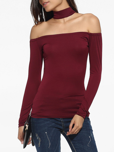 Halter Off Shoulder Dacron Plain Long-sleeve-t-shirt