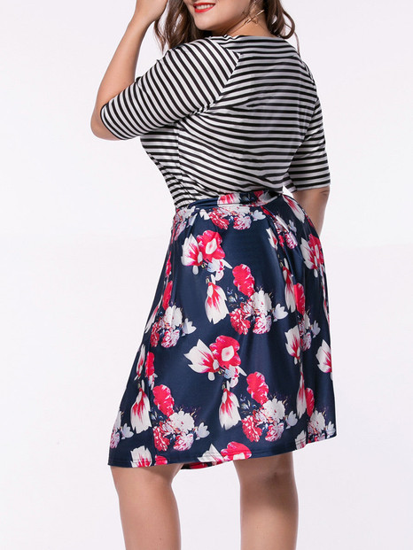 Casual Plus Size Striped T-Shirt And Floral Flared Midi Skirt